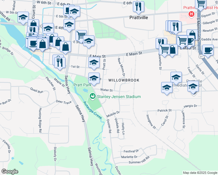 map of restaurants, bars, coffee shops, grocery stores, and more near 431 Water Street in Prattville