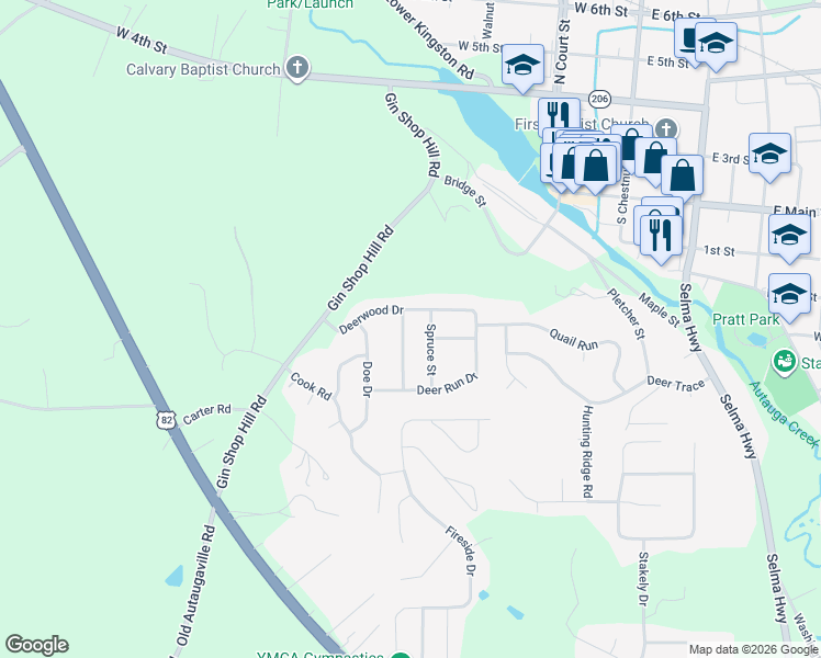 map of restaurants, bars, coffee shops, grocery stores, and more near 203 Evergreen St in Prattville