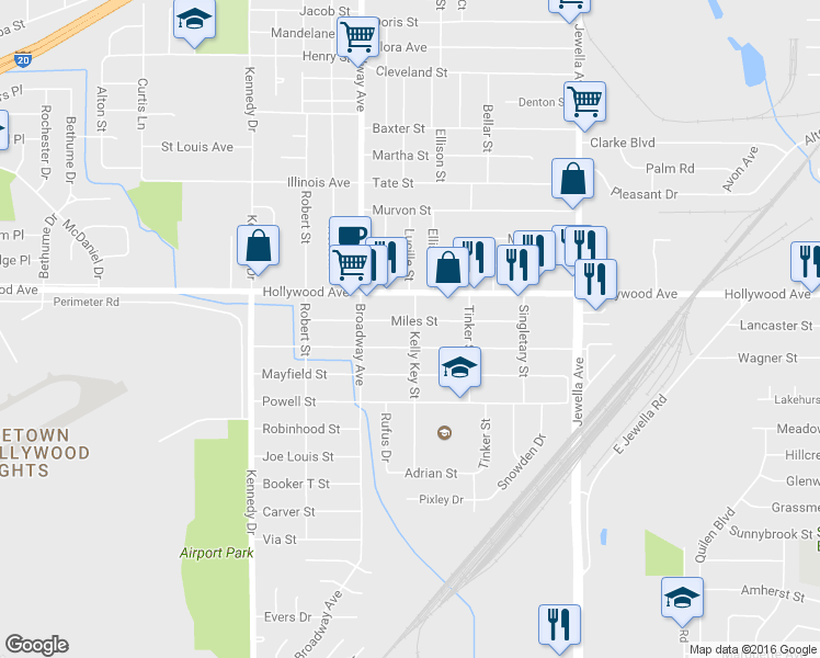 map of restaurants, bars, coffee shops, grocery stores, and more near 4005 Miles Street in Shreveport
