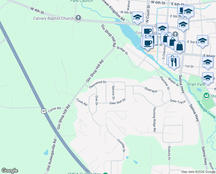 map of restaurants, bars, coffee shops, grocery stores, and more near 203 Evergreen Street in Prattville