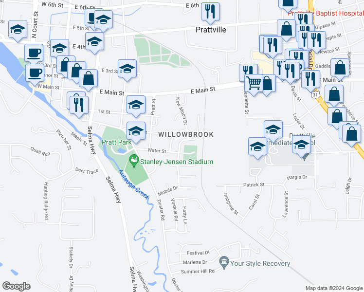 map of restaurants, bars, coffee shops, grocery stores, and more near 431 Hallmark Drive in Prattville