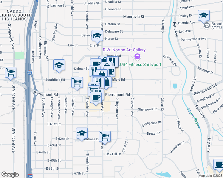 map of restaurants, bars, coffee shops, grocery stores, and more near 719 Edgemont Street in Shreveport