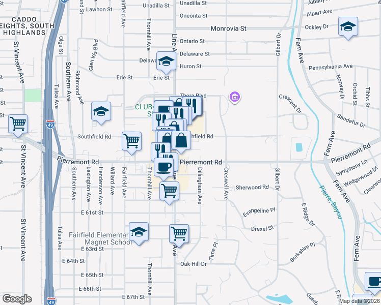 map of restaurants, bars, coffee shops, grocery stores, and more near 719 Edgemont Street in Shreveport