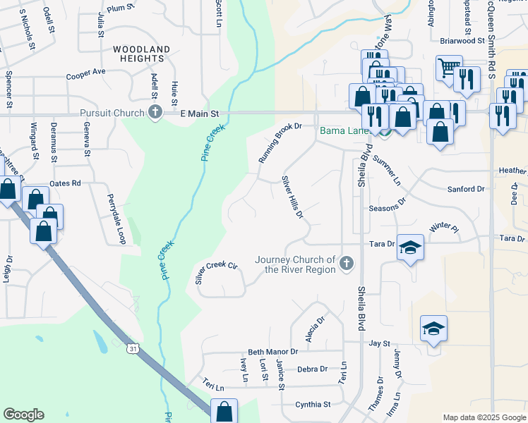 map of restaurants, bars, coffee shops, grocery stores, and more near 1509 Sugar Creek Court in Prattville