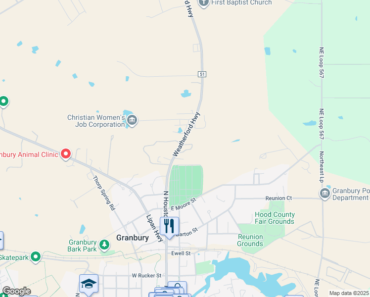 map of restaurants, bars, coffee shops, grocery stores, and more near 1109 Weatherford Highway in Granbury