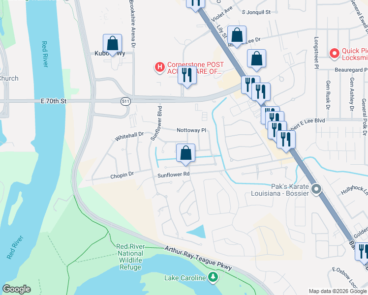 map of restaurants, bars, coffee shops, grocery stores, and more near 5010 Rosedown Lane in Bossier City