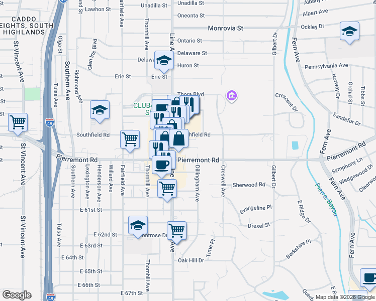 map of restaurants, bars, coffee shops, grocery stores, and more near 719 Edgemont Street in Shreveport