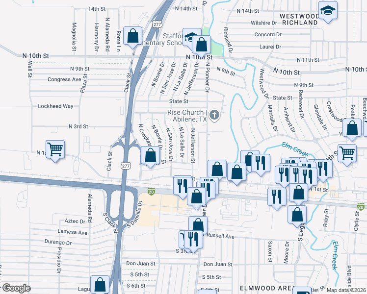 map of restaurants, bars, coffee shops, grocery stores, and more near 317 North San Jose Drive in Abilene