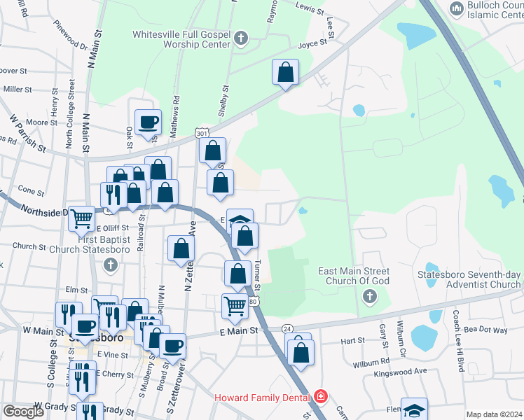 map of restaurants, bars, coffee shops, grocery stores, and more near 8 Orange Street in Statesboro