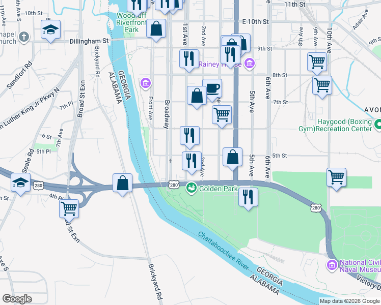 map of restaurants, bars, coffee shops, grocery stores, and more near 502 1st Avenue in Columbus