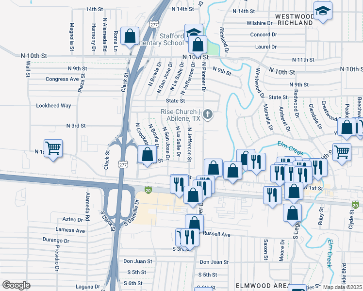 map of restaurants, bars, coffee shops, grocery stores, and more near 317 North La Salle Drive in Abilene