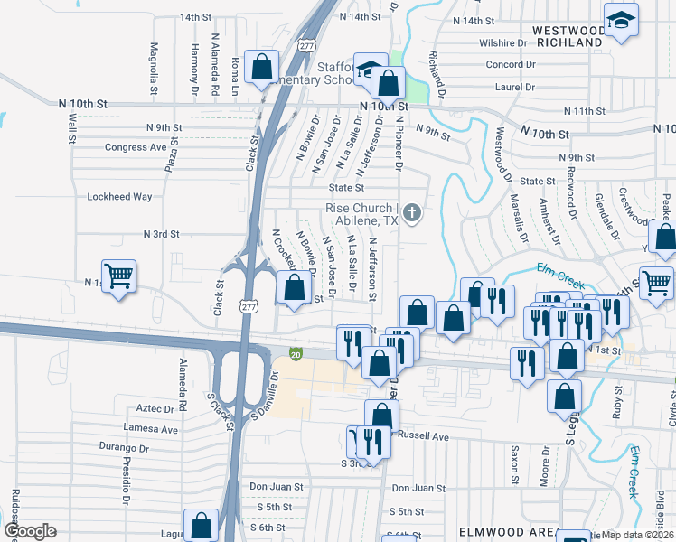 map of restaurants, bars, coffee shops, grocery stores, and more near 317 North San Jose Drive in Abilene