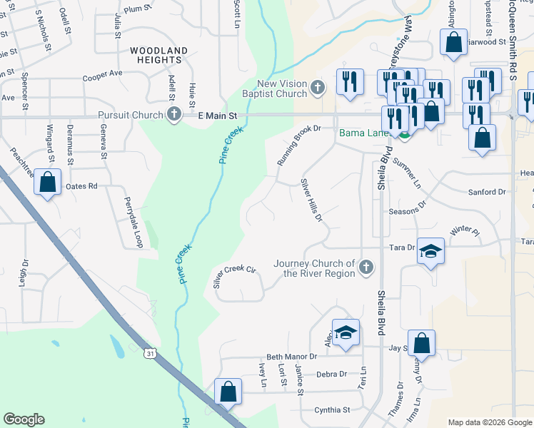 map of restaurants, bars, coffee shops, grocery stores, and more near 1506 Sugar Creek Court in Prattville