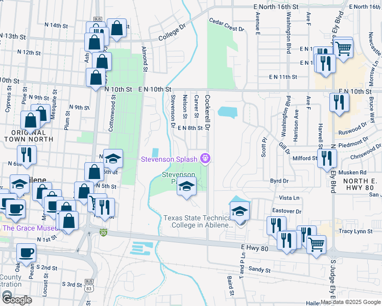 map of restaurants, bars, coffee shops, grocery stores, and more near 517 East Washington Street in Abilene