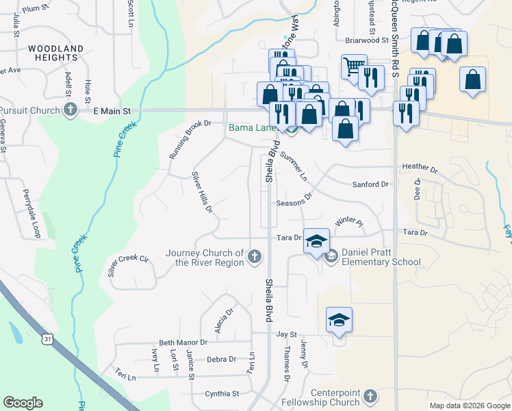 map of restaurants, bars, coffee shops, grocery stores, and more near 727 Sweet Ridge Road in Prattville