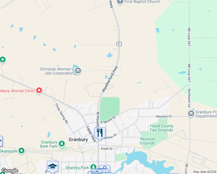 map of restaurants, bars, coffee shops, grocery stores, and more near 1109 Weatherford Highway in Granbury