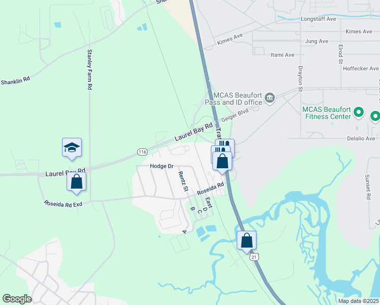 map of restaurants, bars, coffee shops, grocery stores, and more near 34 Westgate Circle in Beaufort