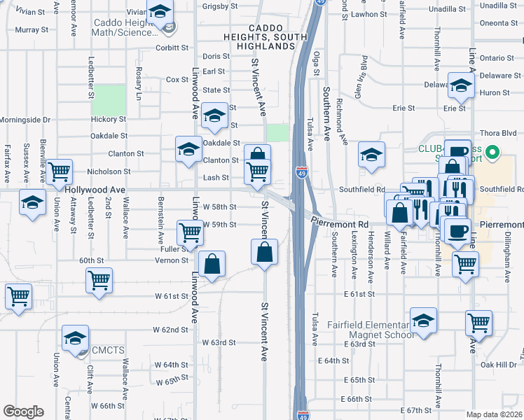 map of restaurants, bars, coffee shops, grocery stores, and more near 5828 Saint Vincent Avenue in Shreveport