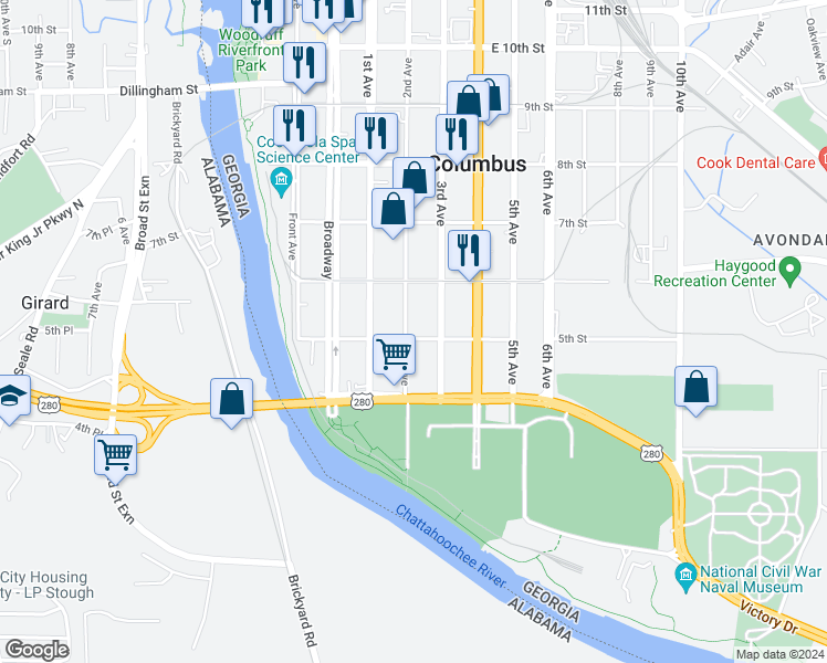 map of restaurants, bars, coffee shops, grocery stores, and more near 502 2nd Avenue in Columbus