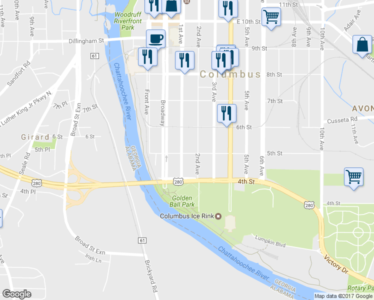 map of restaurants, bars, coffee shops, grocery stores, and more near 502 1st Avenue in Columbus