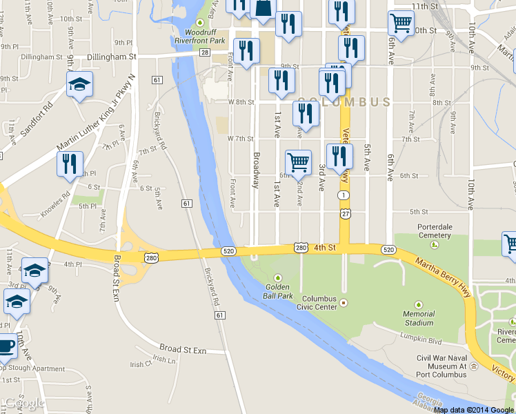 map of restaurants, bars, coffee shops, grocery stores, and more near 510 Broadway in Columbus