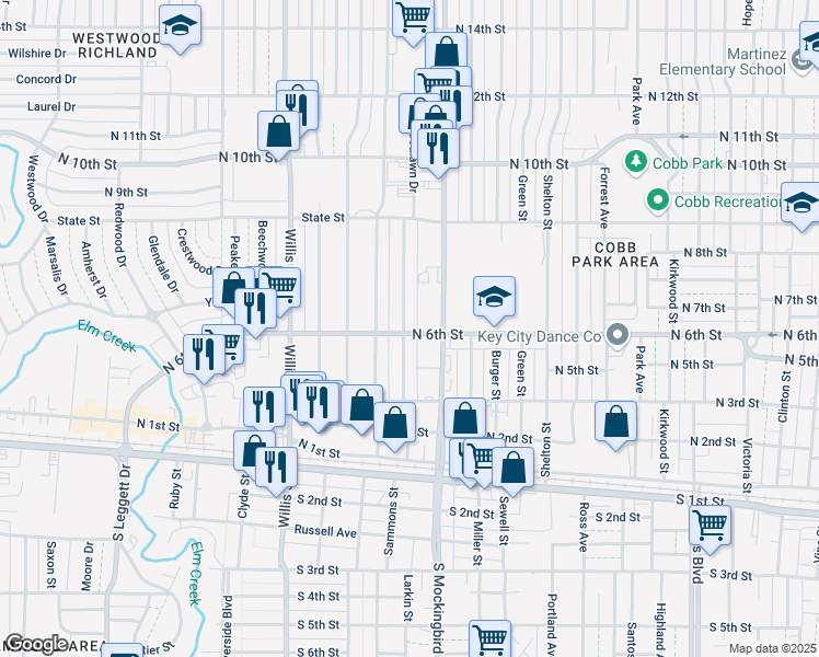 map of restaurants, bars, coffee shops, grocery stores, and more near 601 Woodlawn Drive in Abilene
