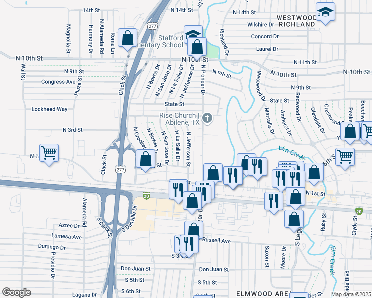 map of restaurants, bars, coffee shops, grocery stores, and more near 325 North Jefferson Street in Abilene