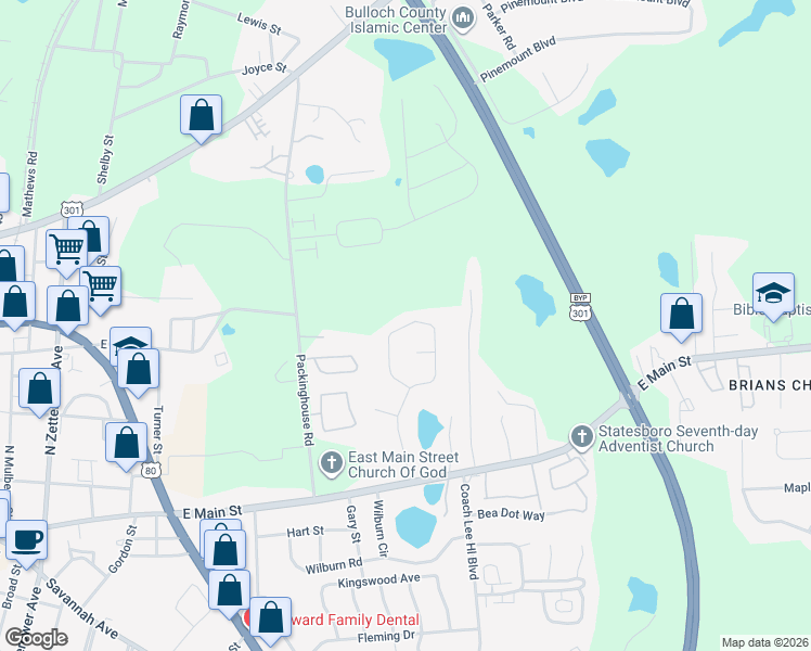 map of restaurants, bars, coffee shops, grocery stores, and more near 142 Blue Ridge Drive in Statesboro