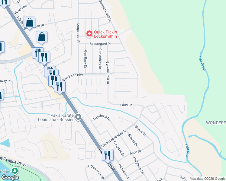 map of restaurants, bars, coffee shops, grocery stores, and more near 514 Antietam Drive in Bossier City