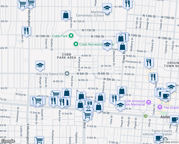 map of restaurants, bars, coffee shops, grocery stores, and more near 2106 North 6th Street in Abilene