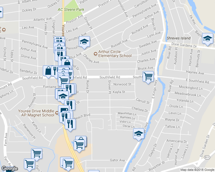 map of restaurants, bars, coffee shops, grocery stores, and more near 5722 Grover Pl in Shreveport