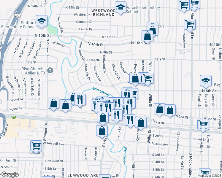 map of restaurants, bars, coffee shops, grocery stores, and more near 655 Westwood Drive in Abilene