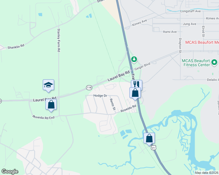 map of restaurants, bars, coffee shops, grocery stores, and more near 20 Westgate Circle in Beaufort