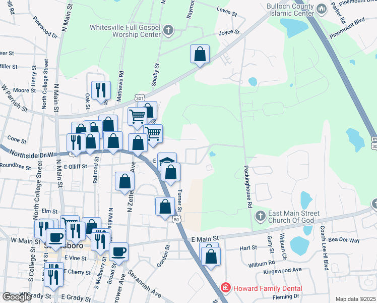 map of restaurants, bars, coffee shops, grocery stores, and more near 8 Orange Street in Statesboro