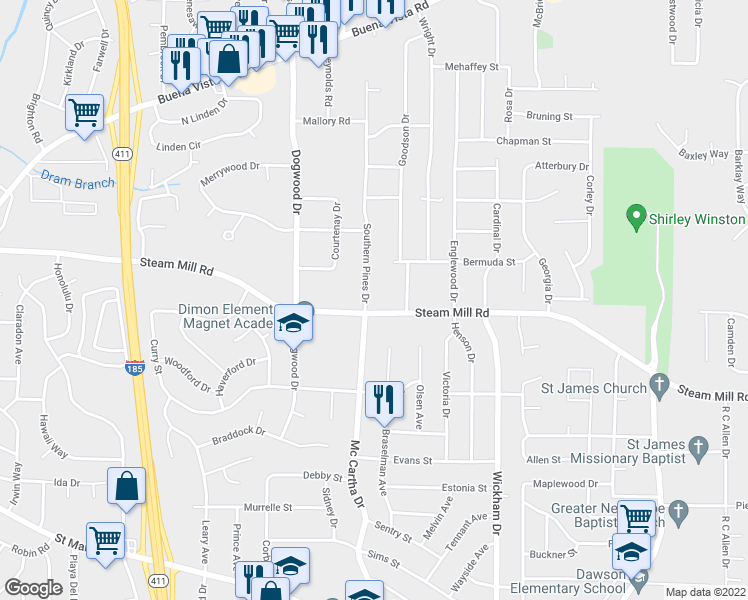 map of restaurants, bars, coffee shops, grocery stores, and more near 510 Southern Pines Drive in Columbus
