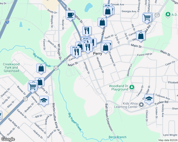 map of restaurants, bars, coffee shops, grocery stores, and more near 906 Jernigan Street in Perry