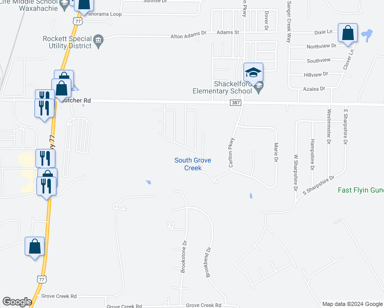 map of restaurants, bars, coffee shops, grocery stores, and more near 924 Creekview Drive in Waxahachie
