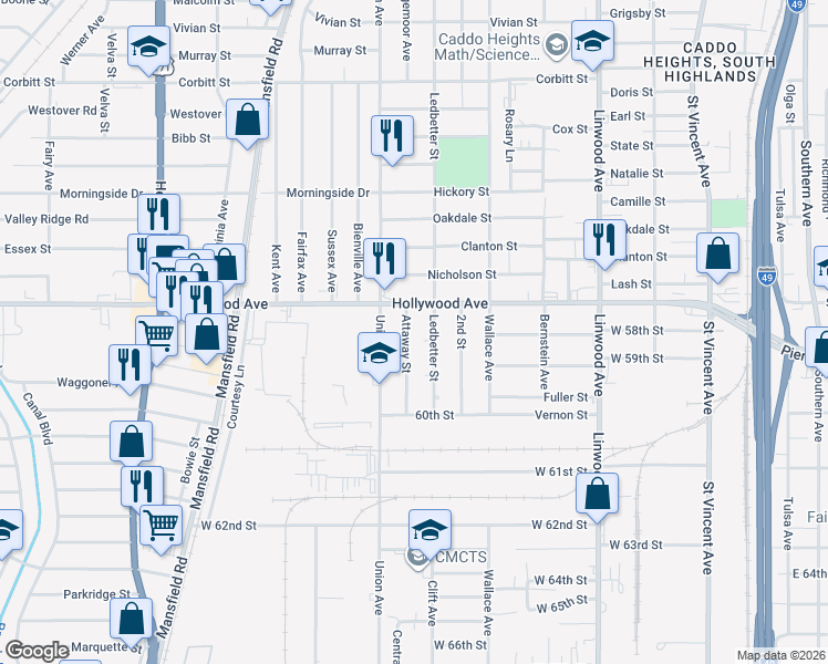 map of restaurants, bars, coffee shops, grocery stores, and more near 5826 Ledbetter Street in Shreveport