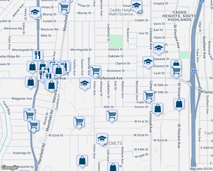 map of restaurants, bars, coffee shops, grocery stores, and more near 5826 Ledbetter Street in Shreveport