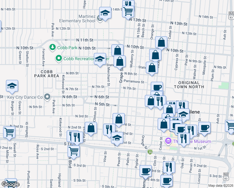map of restaurants, bars, coffee shops, grocery stores, and more near 1646 North 6th Street in Abilene