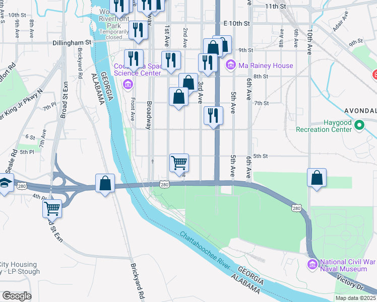 map of restaurants, bars, coffee shops, grocery stores, and more near 504 2nd Avenue in Columbus