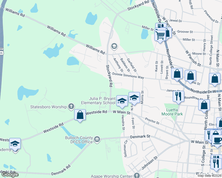map of restaurants, bars, coffee shops, grocery stores, and more near 101 Stockyard Road in Statesboro