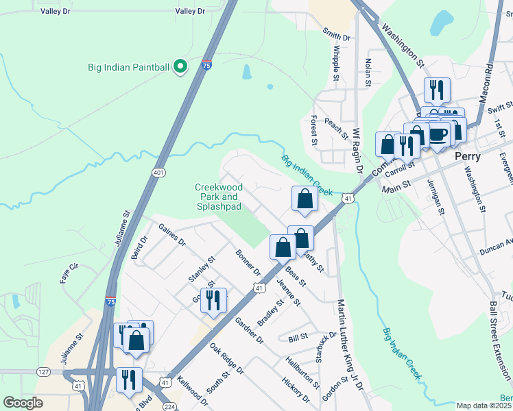 map of restaurants, bars, coffee shops, grocery stores, and more near 1101 Creekwood Drive in Perry