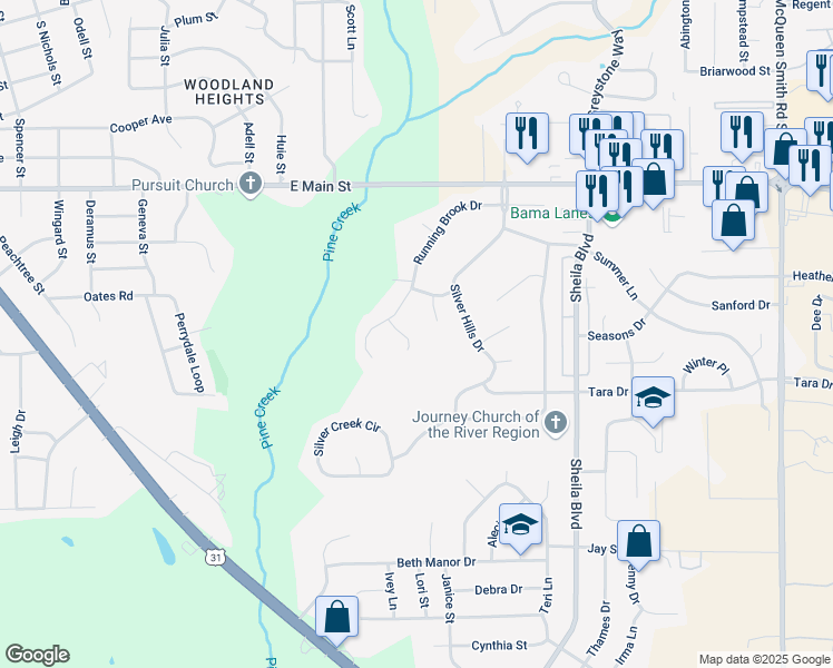 map of restaurants, bars, coffee shops, grocery stores, and more near 1509 Sugar Creek Court in Prattville