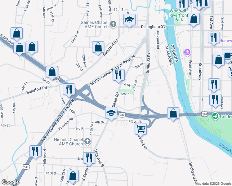 map of restaurants, bars, coffee shops, grocery stores, and more near 515 Seale Road in Phenix City