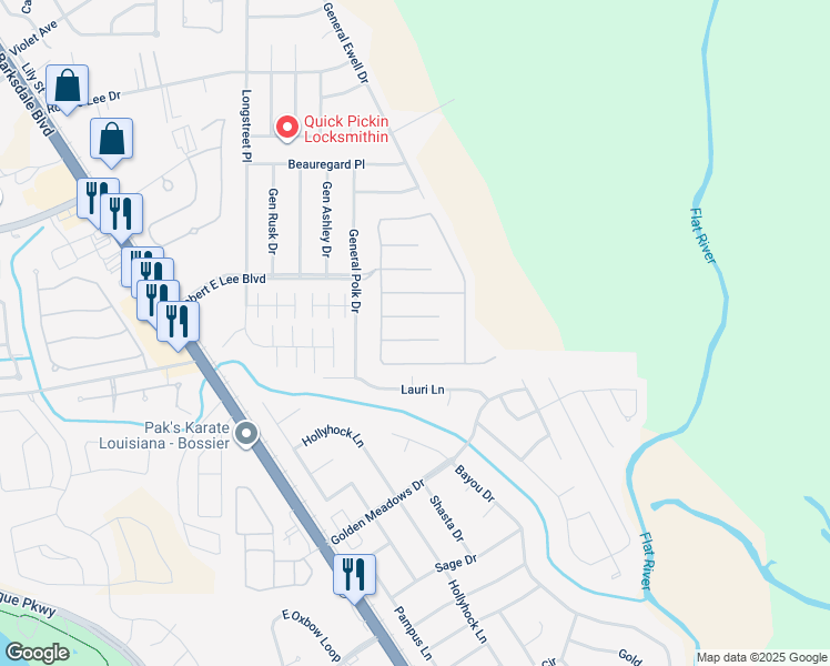 map of restaurants, bars, coffee shops, grocery stores, and more near 611 Manassas Circle in Bossier City