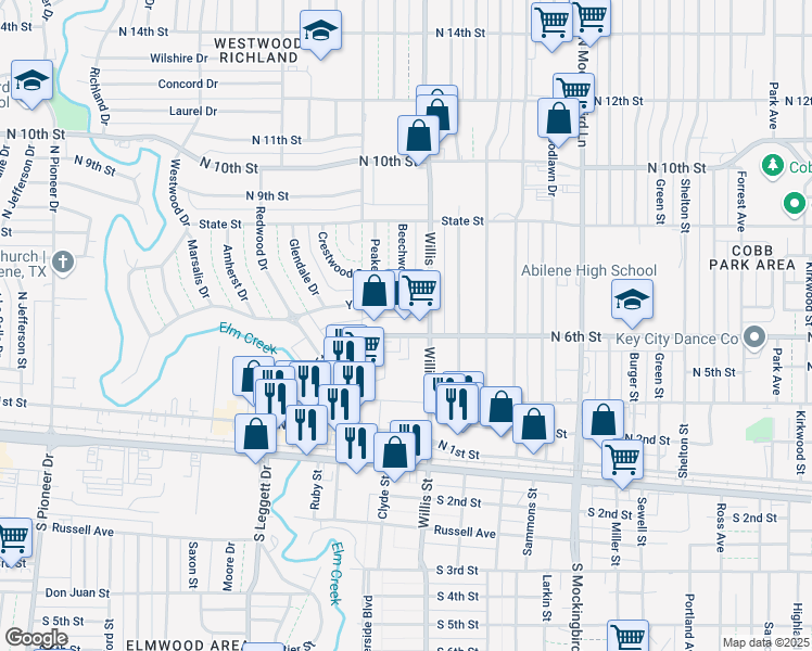 map of restaurants, bars, coffee shops, grocery stores, and more near 3520 North 6th Street in Abilene