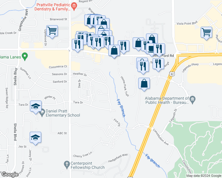 map of restaurants, bars, coffee shops, grocery stores, and more near 827 Heather Drive in Prattville