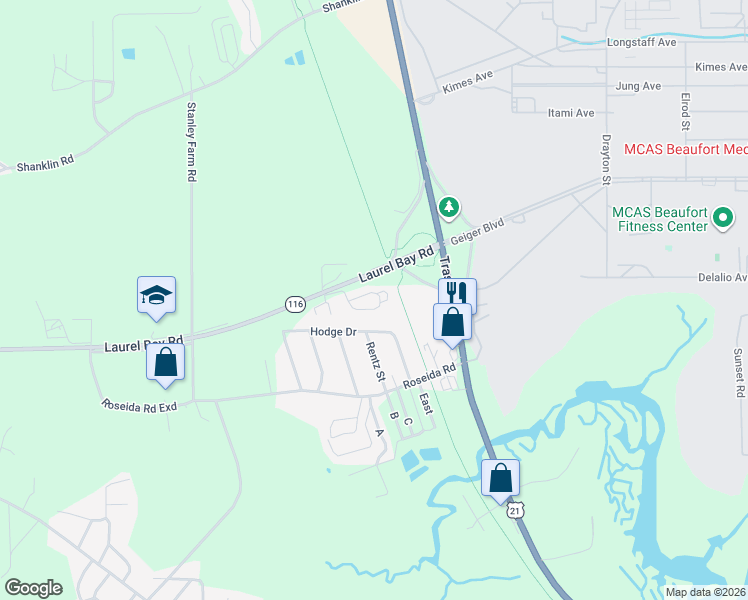 map of restaurants, bars, coffee shops, grocery stores, and more near 39 Westgate Circle in Beaufort
