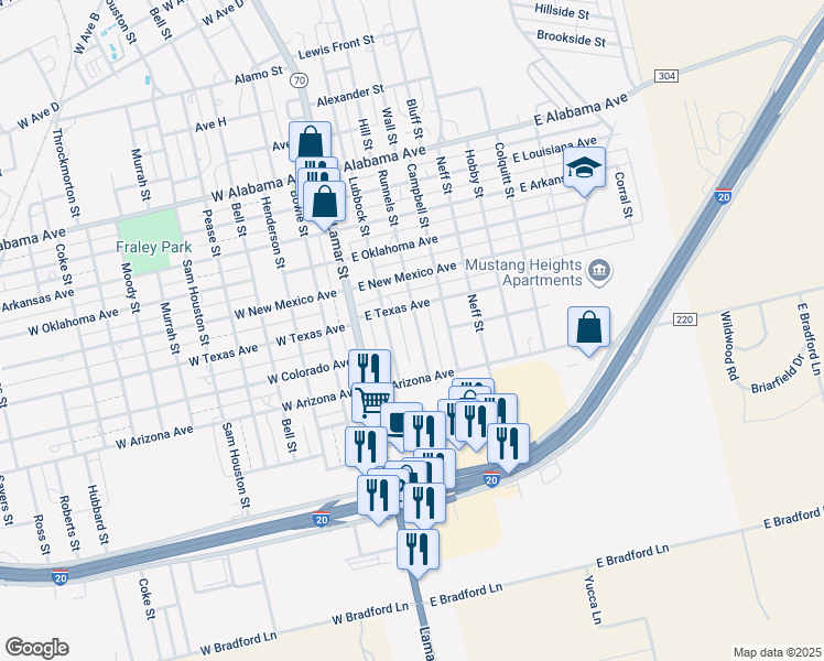 map of restaurants, bars, coffee shops, grocery stores, and more near 1410 Runnels Street in Sweetwater